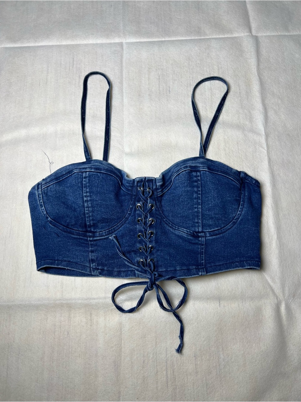 Thrill Jeans blue denim corset top with lace-up front, size L